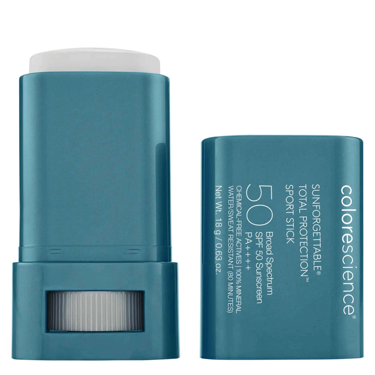 Two blue sunscreen sticks with 'colorescience' branding on a white background