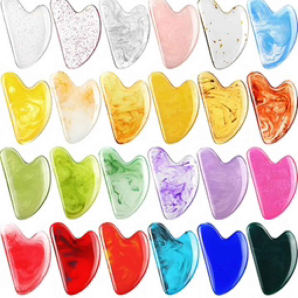 A set of 20 heart-shaped gua sha massage tools arranged in a grid, featuring various colors and marbled patterns including yellow, pink, green, purple, blue, red, and white.