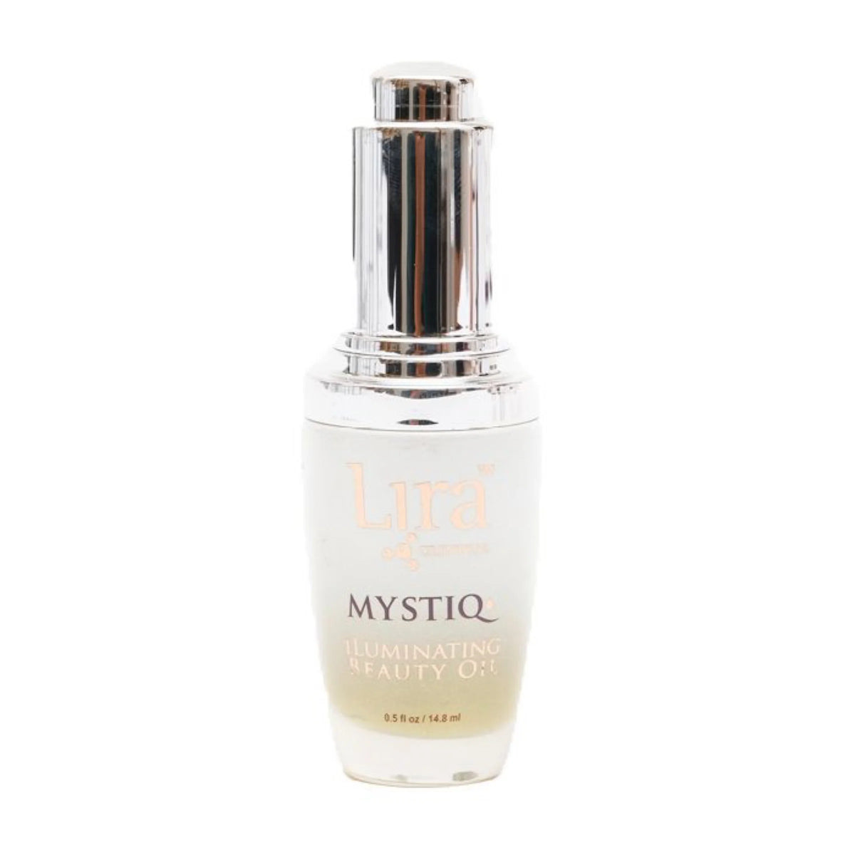 A bottle of Lira Mystiq Illuminating Beauty Oil with a reflective silver pump dispenser and a frosted white glass bottle, shown against a plain white background.