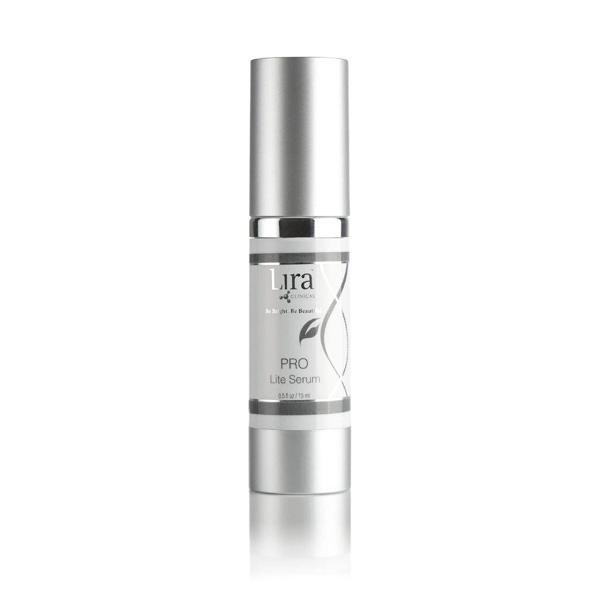 A silver cosmetic bottle of Lura of Paris Pro Lite Serum on a clean white background with a soft reflection below.