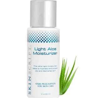 A white bottle of Skin Script Light Aloe Moisturizer with a silver cap, shown next to a green aloe vera leaf on a plain white background.