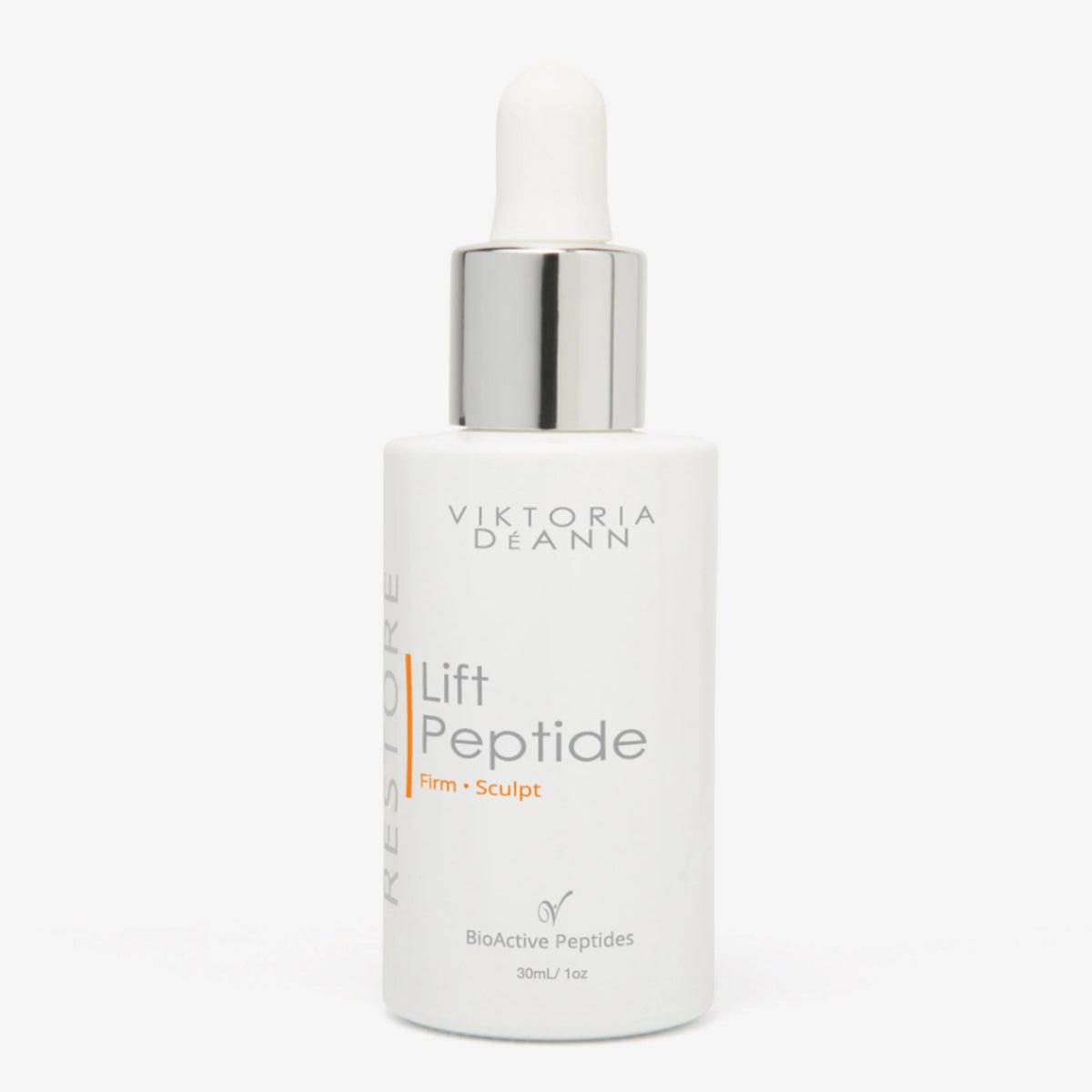 Viktoria Deann Lift Peptide serum in a white bottle with a silver dropper cap, on a light gray background.