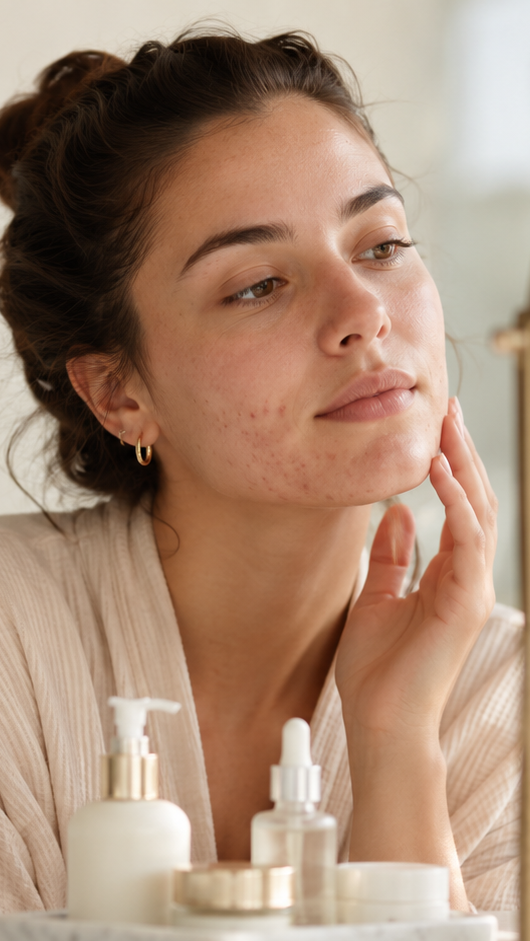 A woman with blemished skin looks into a mirror while wearing a beige robe, with skincare bottles on the counter in a bright bathroom setting.