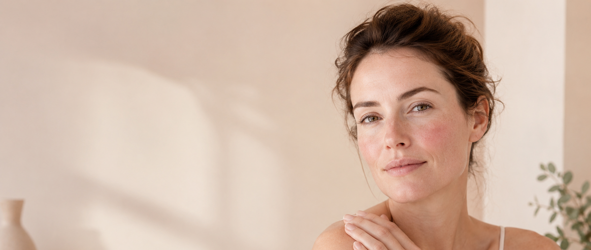 A woman with her hair in an updo wearing a light beige spaghetti strap camisole, posing in a softly lit, warm-toned room with neutral decor.
