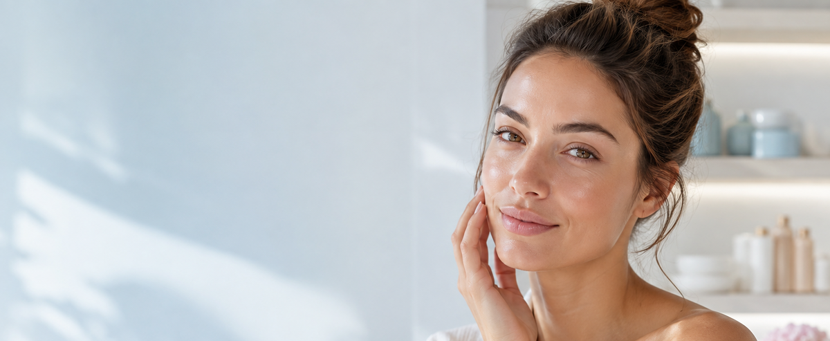 A woman with clean, radiant skin wearing a white textured robe, posing in a bright, modern bathroom with soft natural light shadows.