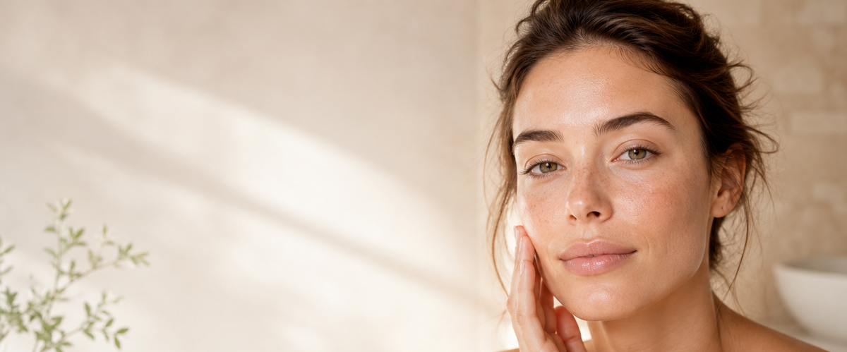 A close-up portrait of a woman with clear, radiant skin touching her cheek, set in a bright, sunlit bathroom with soft shadows and a small plant in the background.