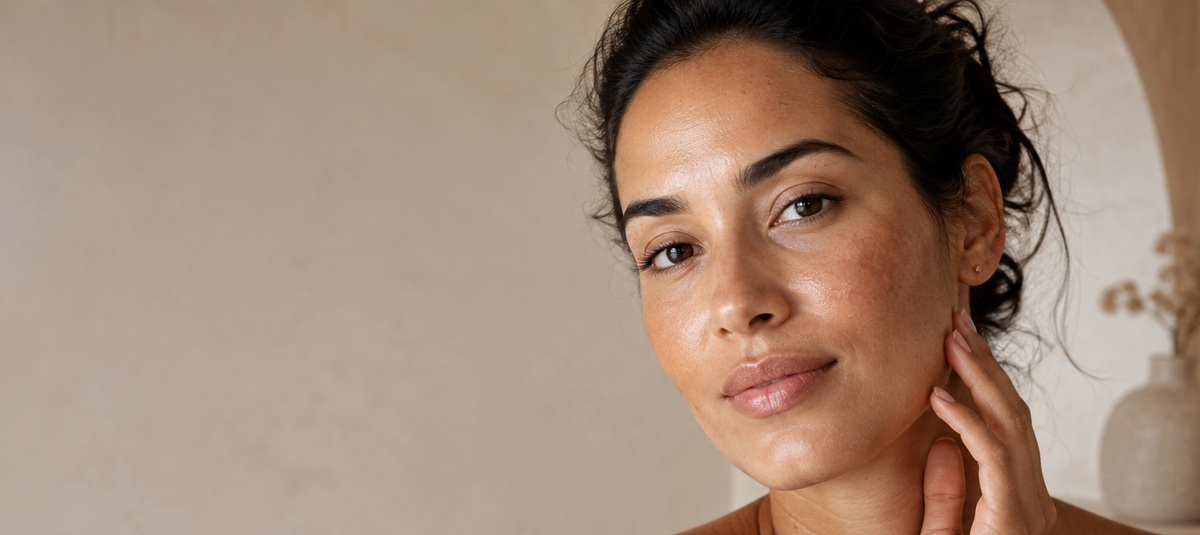 A close-up portrait of a woman with dark hair pulled back, touching her neck, set against a warm beige textured wall with a soft-focus decorative vase in the background.