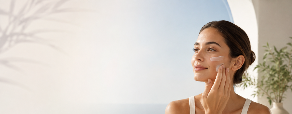 A woman with dark hair tied back applies a white cream product to her cheek, set against a bright, sunlit background with a window view of the sea.