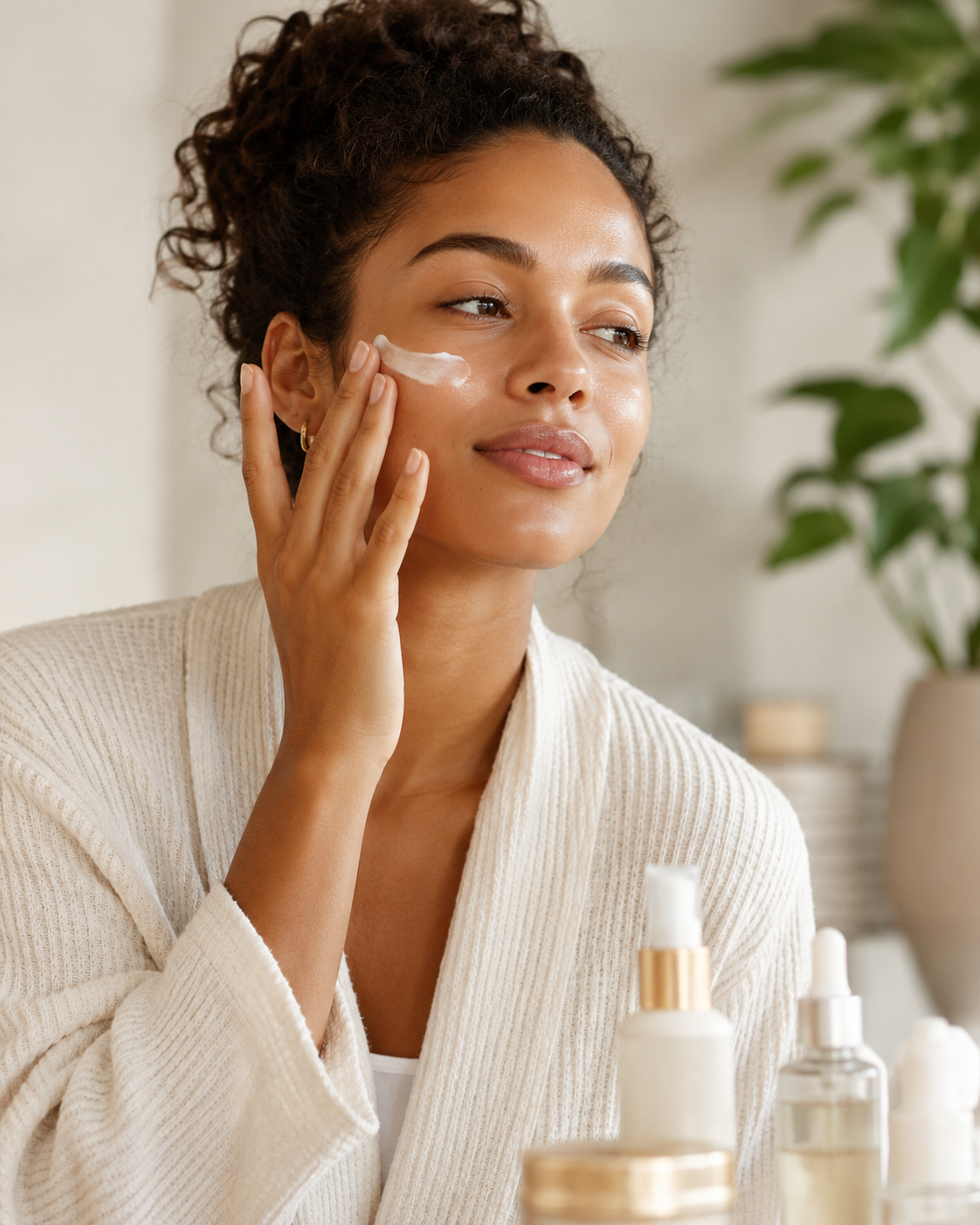 A woman with curly dark hair wearing a cream-colored ribbed robe applies cream to her cheek in a bright, softly lit bathroom setting with skincare bottles in the foreground.