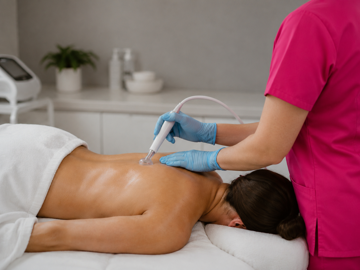 A person lying face down on a treatment table while a provider in a bright pink scrub top and blue gloves uses a handheld device on the person's upper back in a spa or clinic setting.