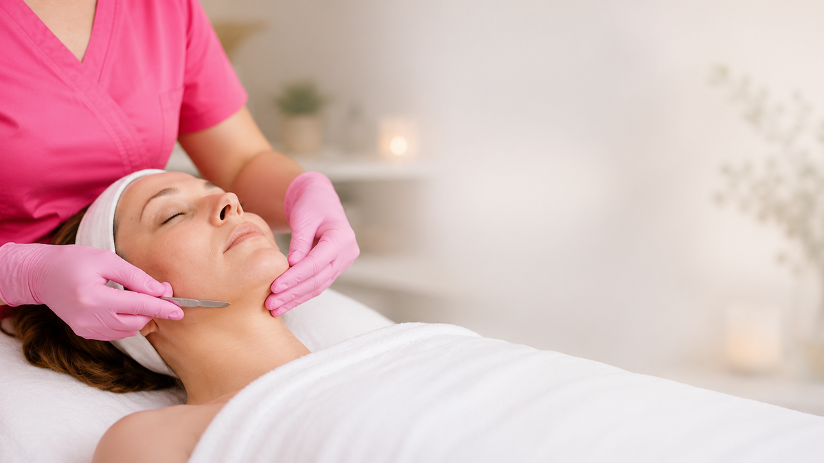 A woman receives a facial treatment while lying on a spa bed, with a provider in pink scrubs and gloves holding her face. The scene is softly lit in a bright, clean spa setting.