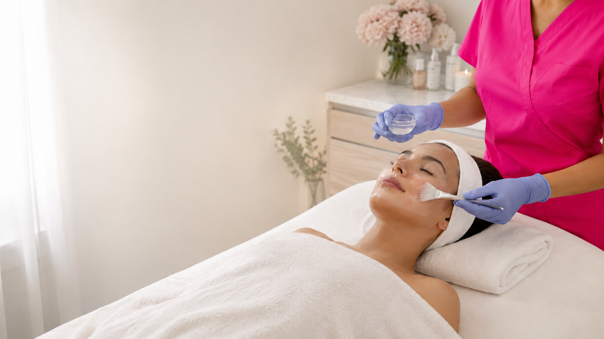 A woman lies on a treatment bed while a skincare provider in a bright pink scrub top applies a white face mask to her forehead with a spatula. The room is softly lit with white curtains and a small cabinet holding pink flowers in the background.