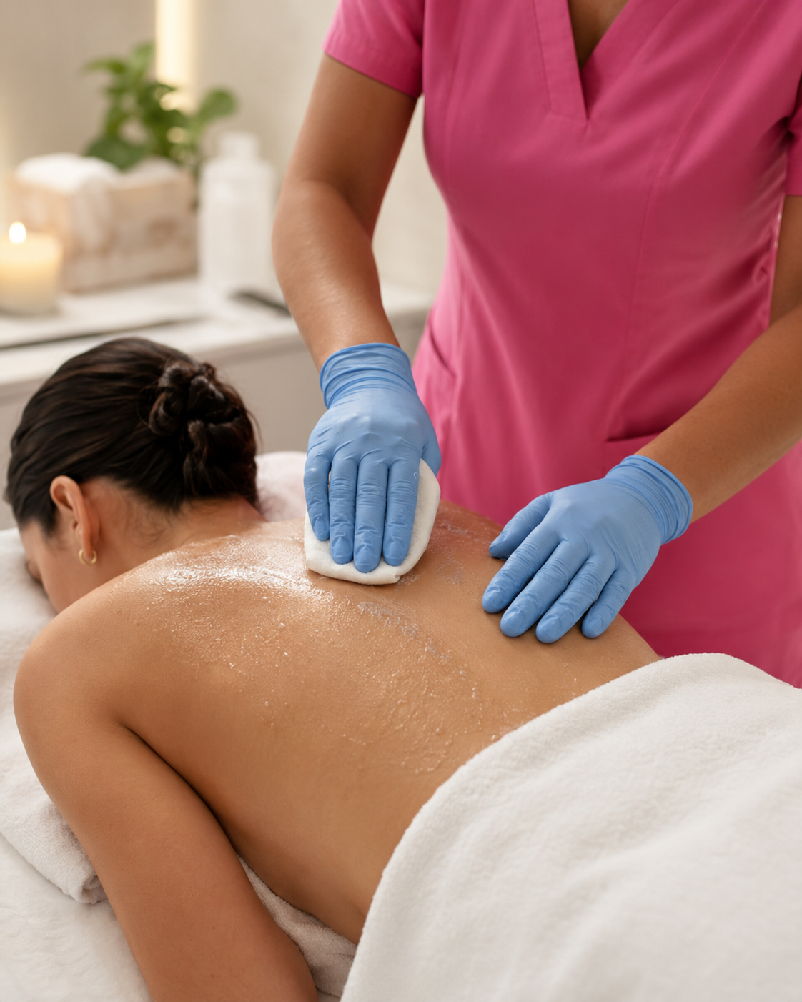 A spa therapist in a pink scrub top and blue gloves applies a white cleansing cloth to a woman's back during a massage session in a bright, clean treatment room.