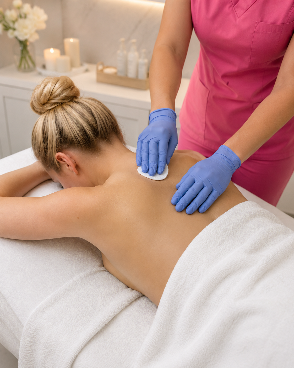 A woman lies face down on a spa table wrapped in a white towel while a therapist in a pink uniform applies a cleansing pad to her upper back with blue gloves.
