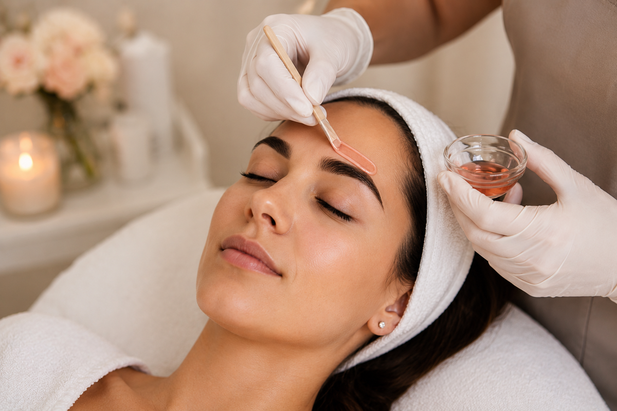 A woman receives a brow treatment in a spa setting, with a practitioner wearing white gloves applying product to her brow while holding a small glass bowl of liquid.