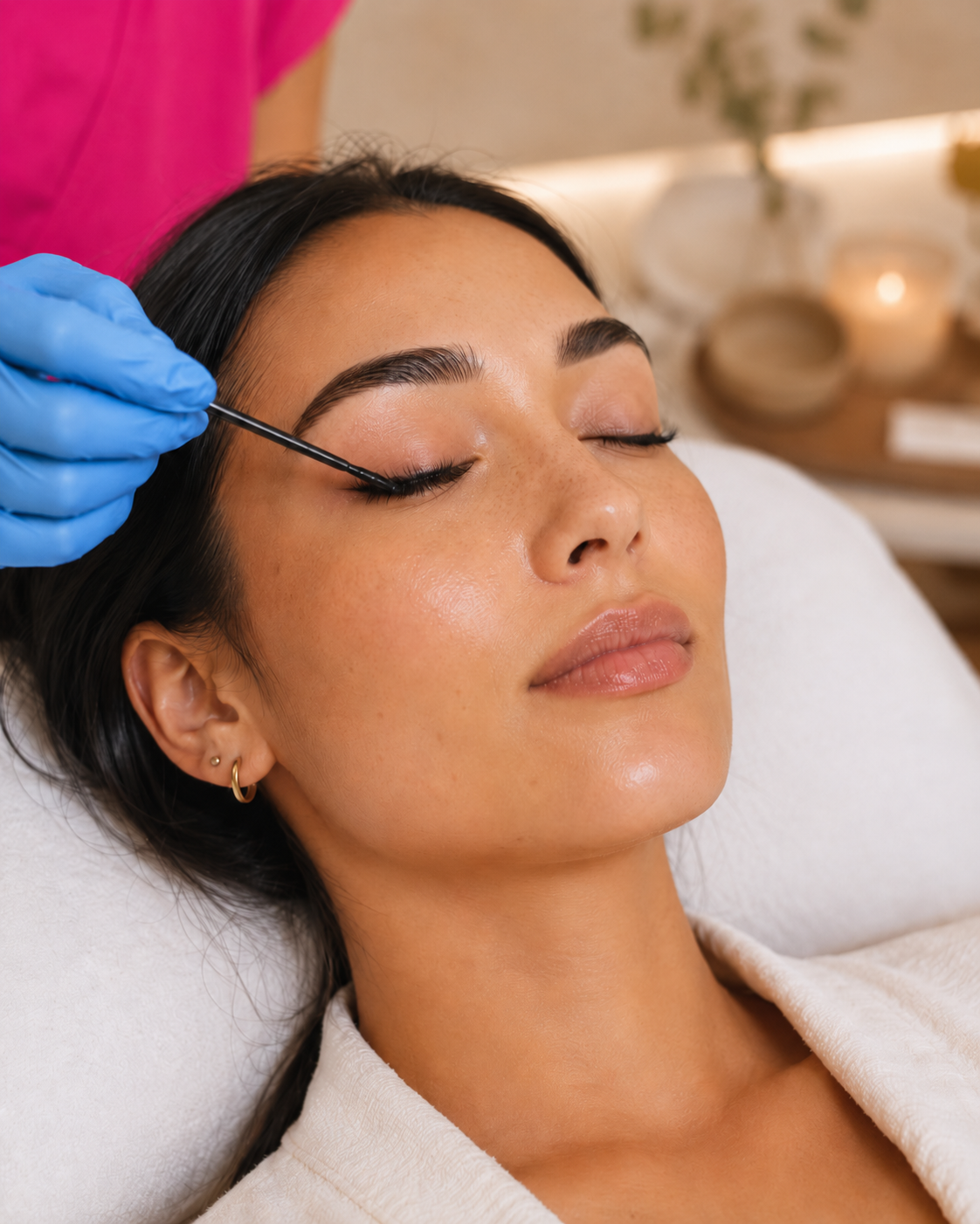 A close-up lifestyle shot of a woman receiving eyelash extensions, with a gloved hand applying lashes to her closed eyes. She is wearing a white robe in a spa-like setting.