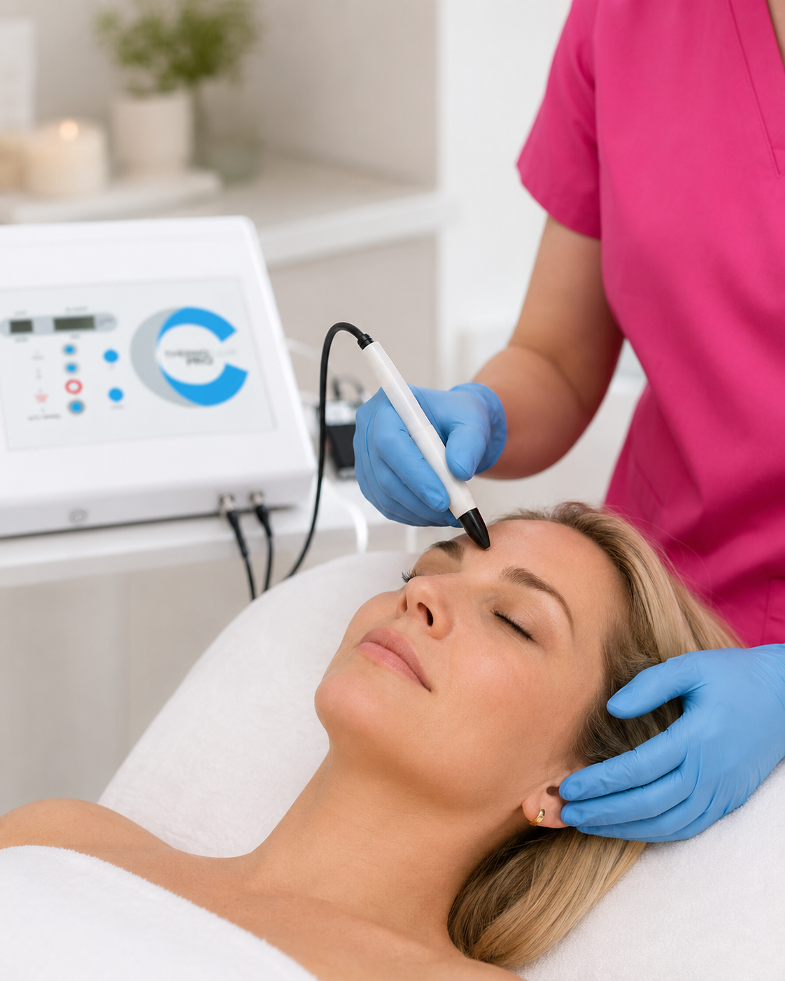 A woman lies on a treatment bed while a practitioner in a pink scrub top and blue gloves applies a handheld device to her forehead. A white treatment machine is visible in the background in a bright clinical room.