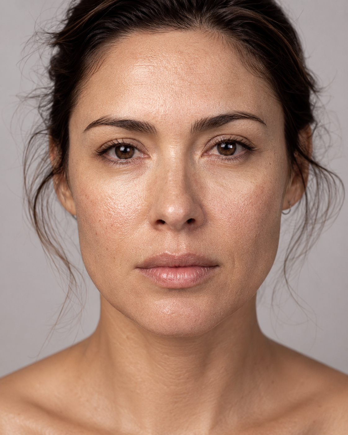 A close-up portrait of a woman with natural skin texture and makeup on her cheeks, set against a plain light gray background.