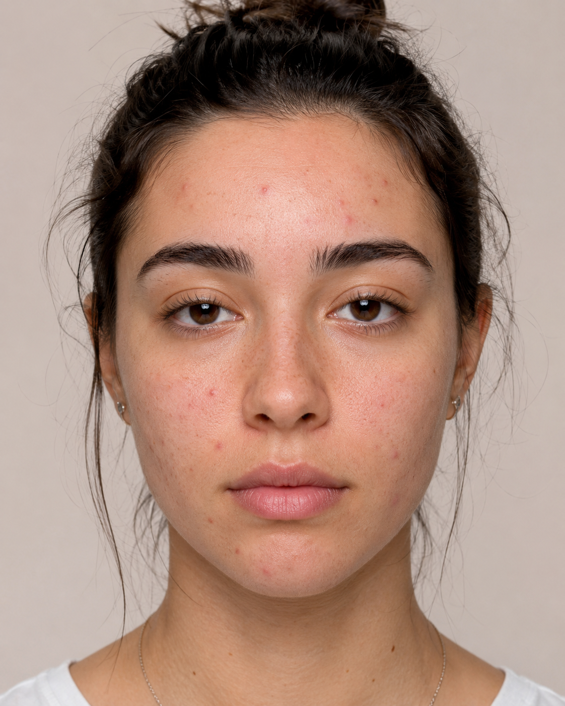 A close-up portrait of a woman with dark hair in a bun, wearing a white top and a delicate silver necklace, set against a plain beige background.