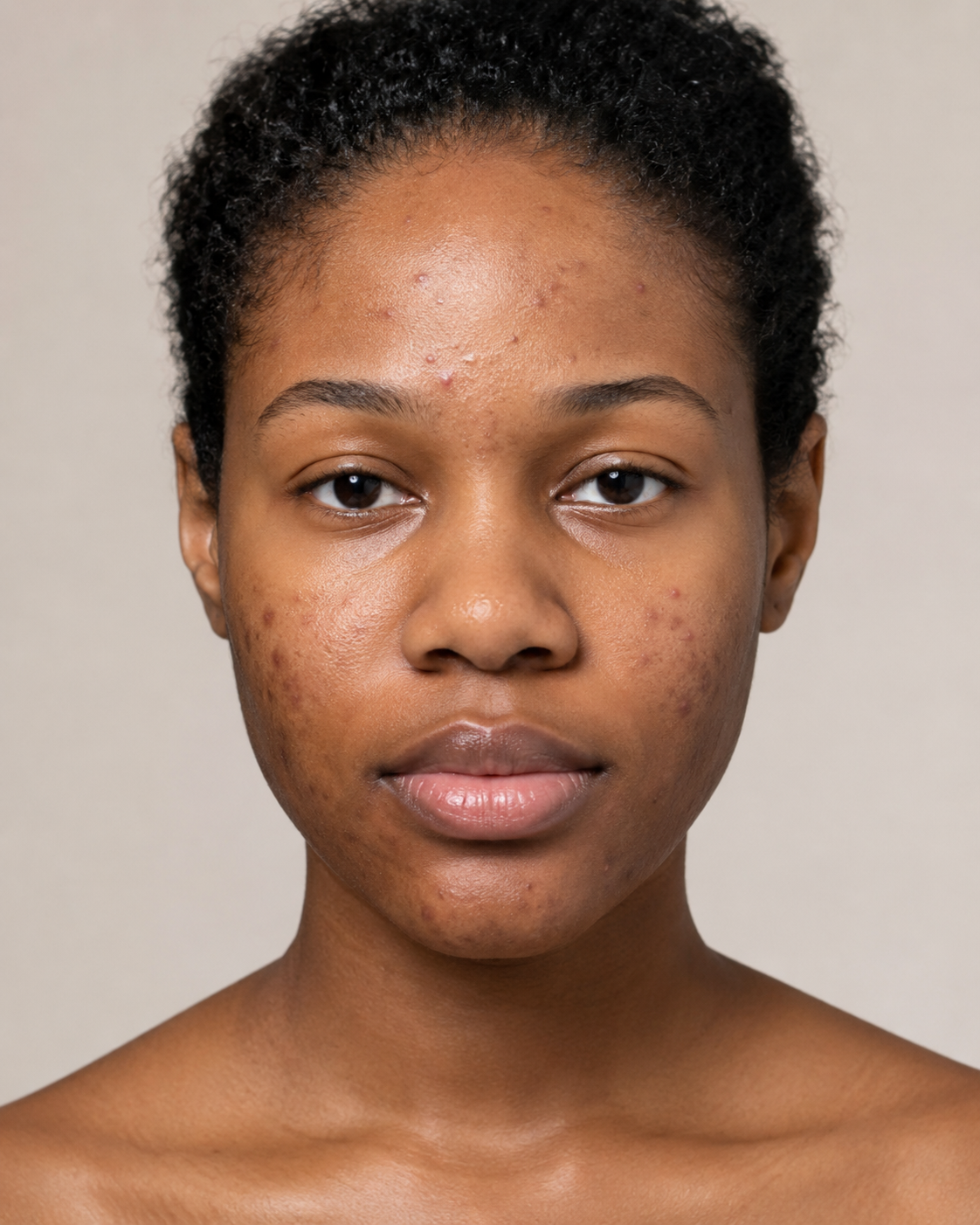 A close-up portrait of a woman with natural skin texture and freckles, looking directly at the camera against a plain beige background.