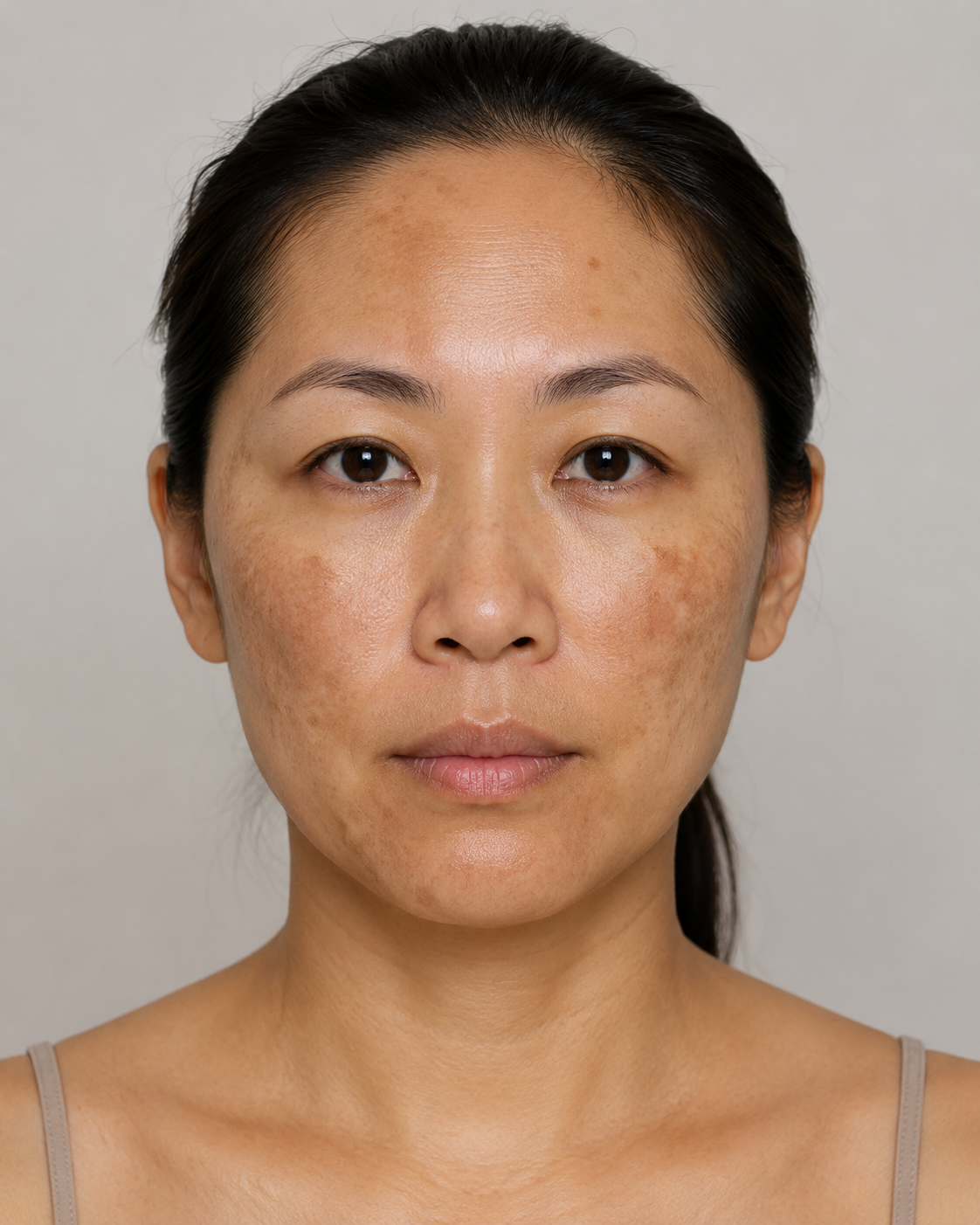 A front-facing portrait of a woman with dark hair pulled back, wearing a light beige spaghetti-strap top against a plain light gray background.