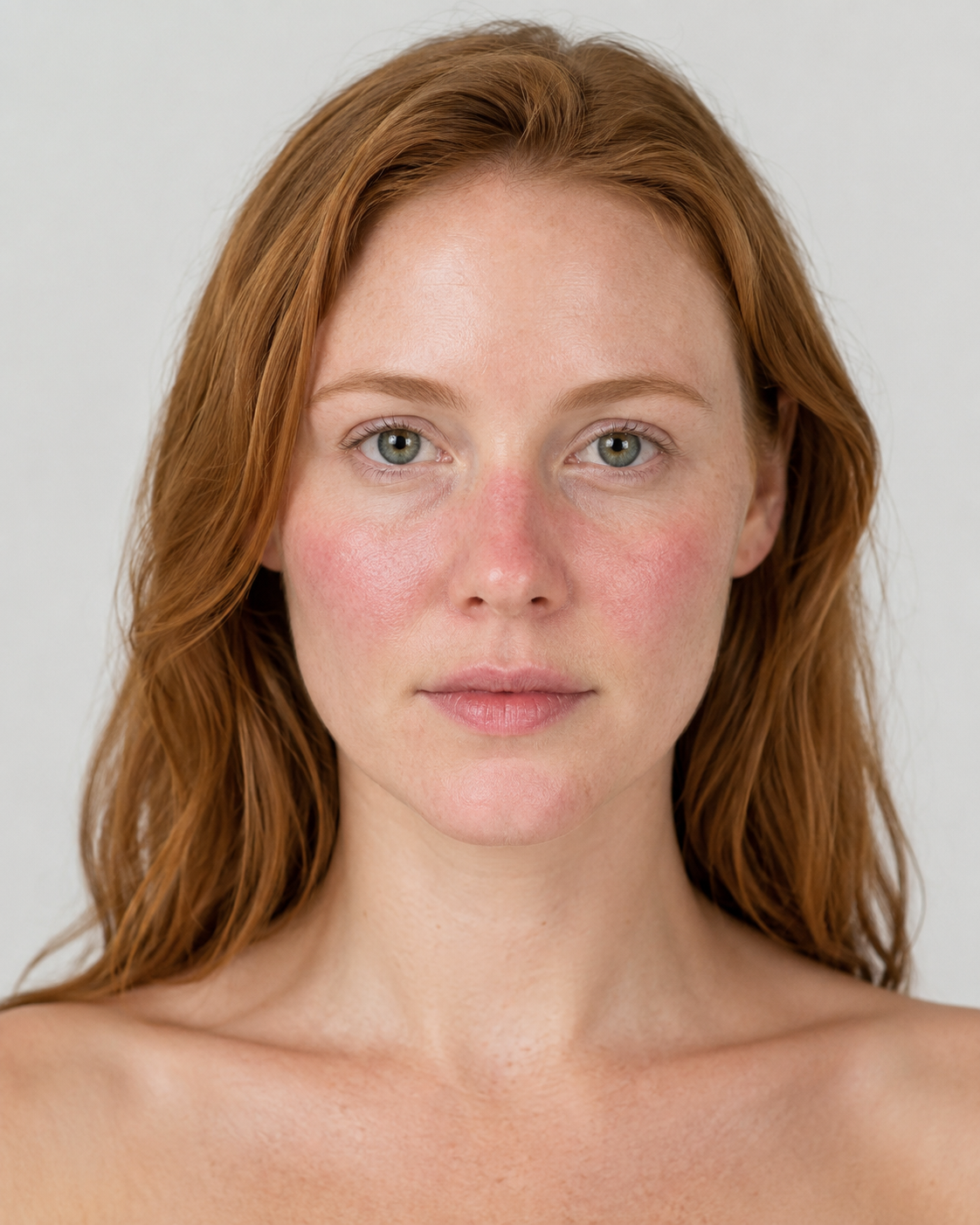 A close-up portrait of a woman with shoulder-length auburn hair, fair skin, and light green eyes, shown against a plain light gray background.