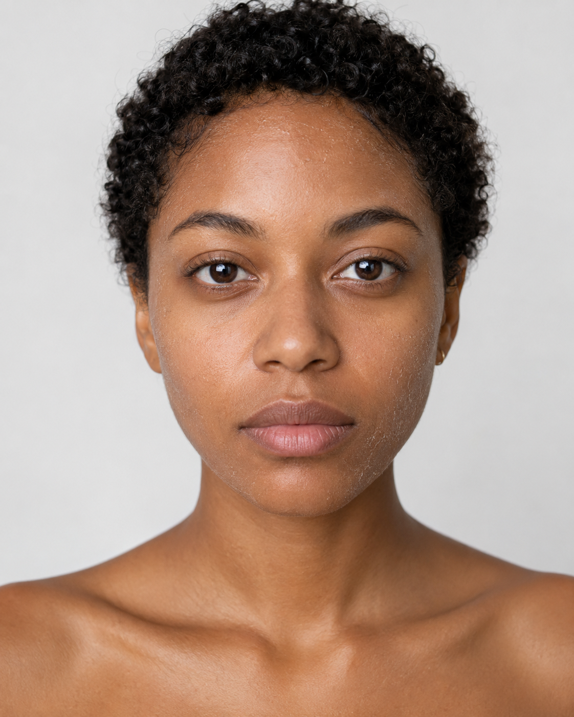 A close-up portrait of a woman with short curly black hair, brown eyes, and natural skin tone against a plain light gray background.