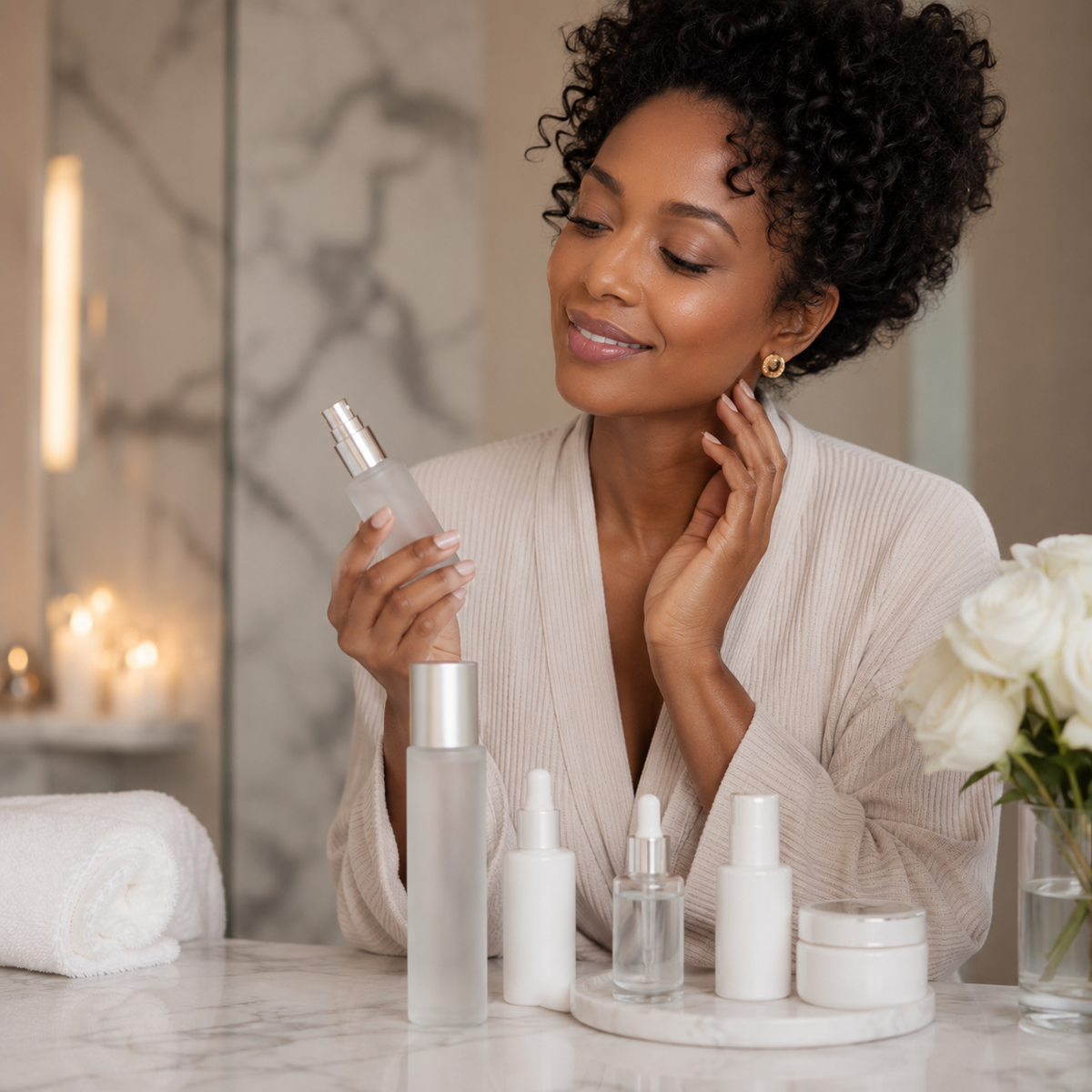 A woman in a cream-colored robe holds a frosted skincare bottle while standing in front of a marble bathroom counter with several skincare products, including a tall frosted bottle, a small clear bottle, and white bottles, with a rolled towel and white roses in the background.