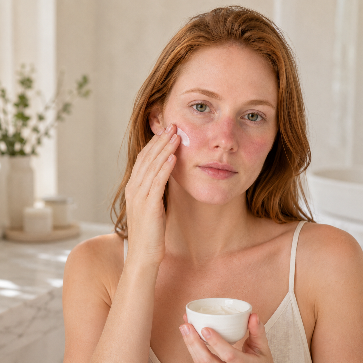 A woman with red hair applies a white cosmetic cream to her face while holding a small white cup in a bright, clean bathroom setting.