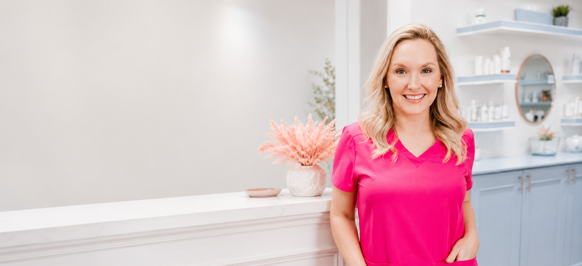 A smiling blonde woman wearing a bright pink V-neck scrub top stands in a bright, modern clinic or spa setting with white walls, light blue cabinets, and shelves in the background.