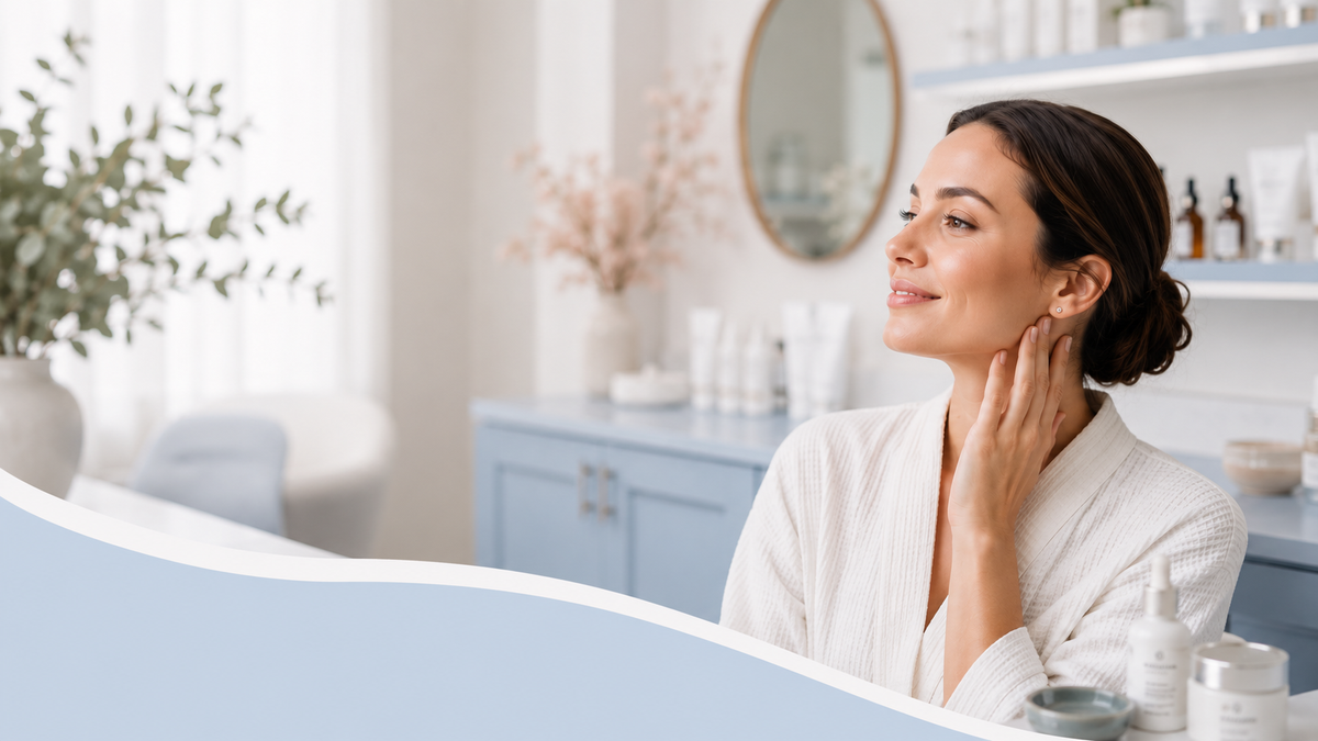 A woman in a white robe gently touches her face in a bright, modern skincare bathroom setting with light blue cabinets and shelves in the background.