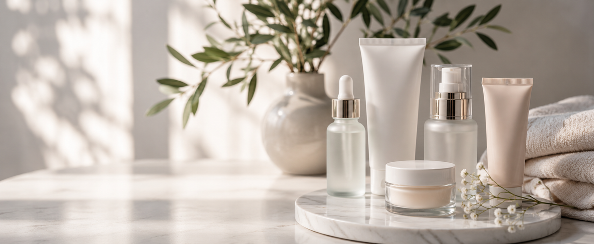 A set of minimalist skincare products including a dropper bottle, pump bottle, cream tube, and jar, arranged on a marble tray with folded towels and greenery in the background.