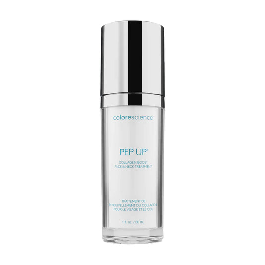 Skincare bottle labeled 'PEP UP' by colorescience on a white background