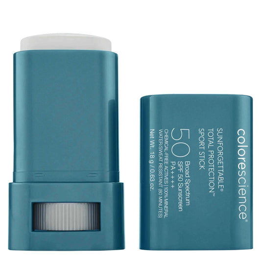 Two blue sunscreen sticks with 'colorescience' branding on a white background