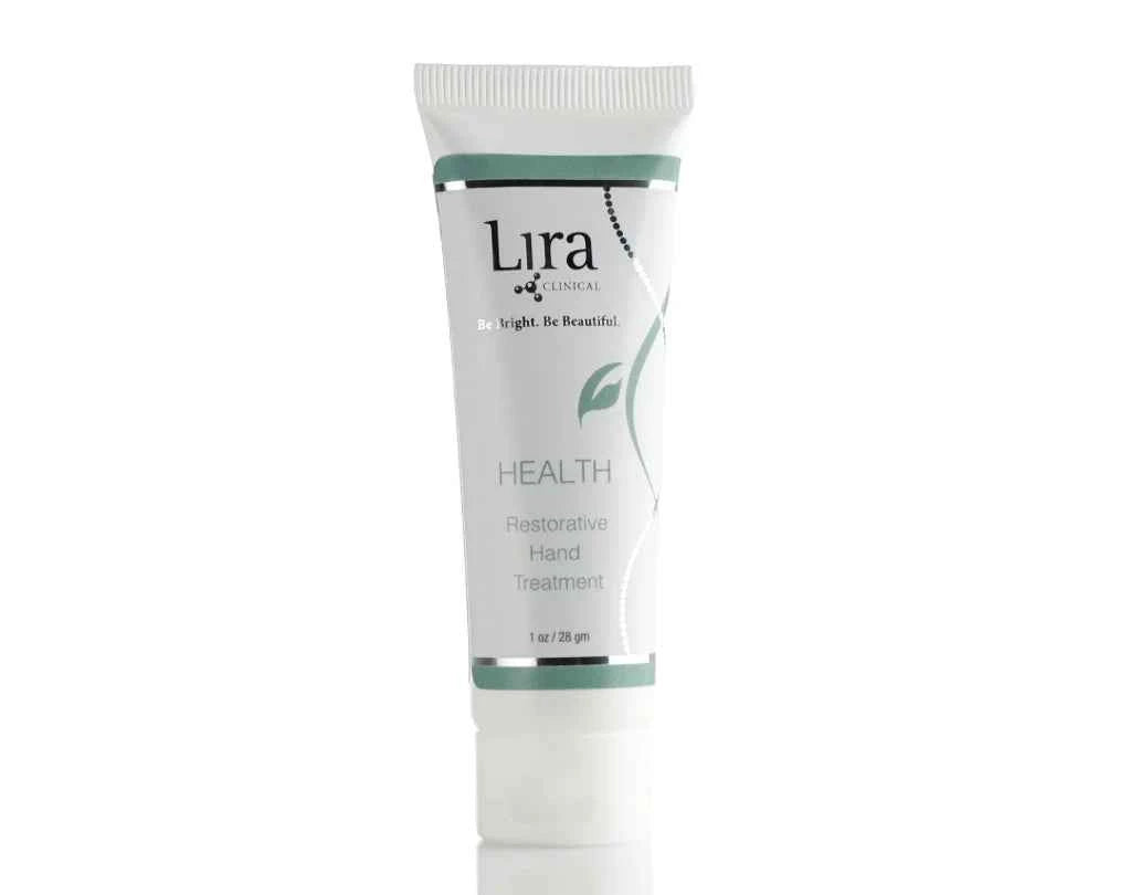 A white squeeze tube of Lira Health Restorative Hand Treatment with mint green accents, shown on a clean white background with a subtle reflection.