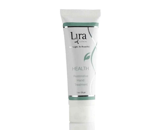 A white squeeze tube of Lira Health Restorative Hand Treatment with mint green accents, shown on a clean white background with a subtle reflection.
