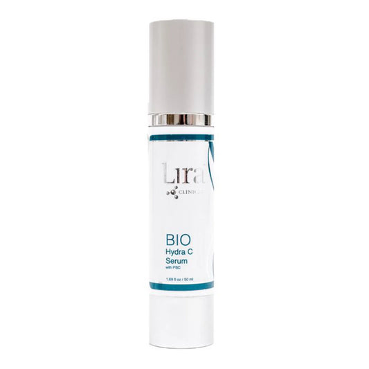 A white cylindrical bottle of Lira Clinica BIO Hydra C Serum with a silver cap and teal accents on the label, set against a plain white background.