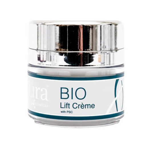 A jar of Lura Bio Lift Crème with PSC, featuring a white label with teal accents and a reflective silver cap, set against a plain white background.