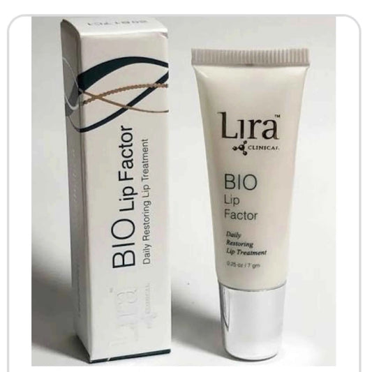 Lira Clinical Bio Lip Factor daily restoring lip treatment shown with its white outer box and the white squeeze tube with a silver cap on a light gray background.