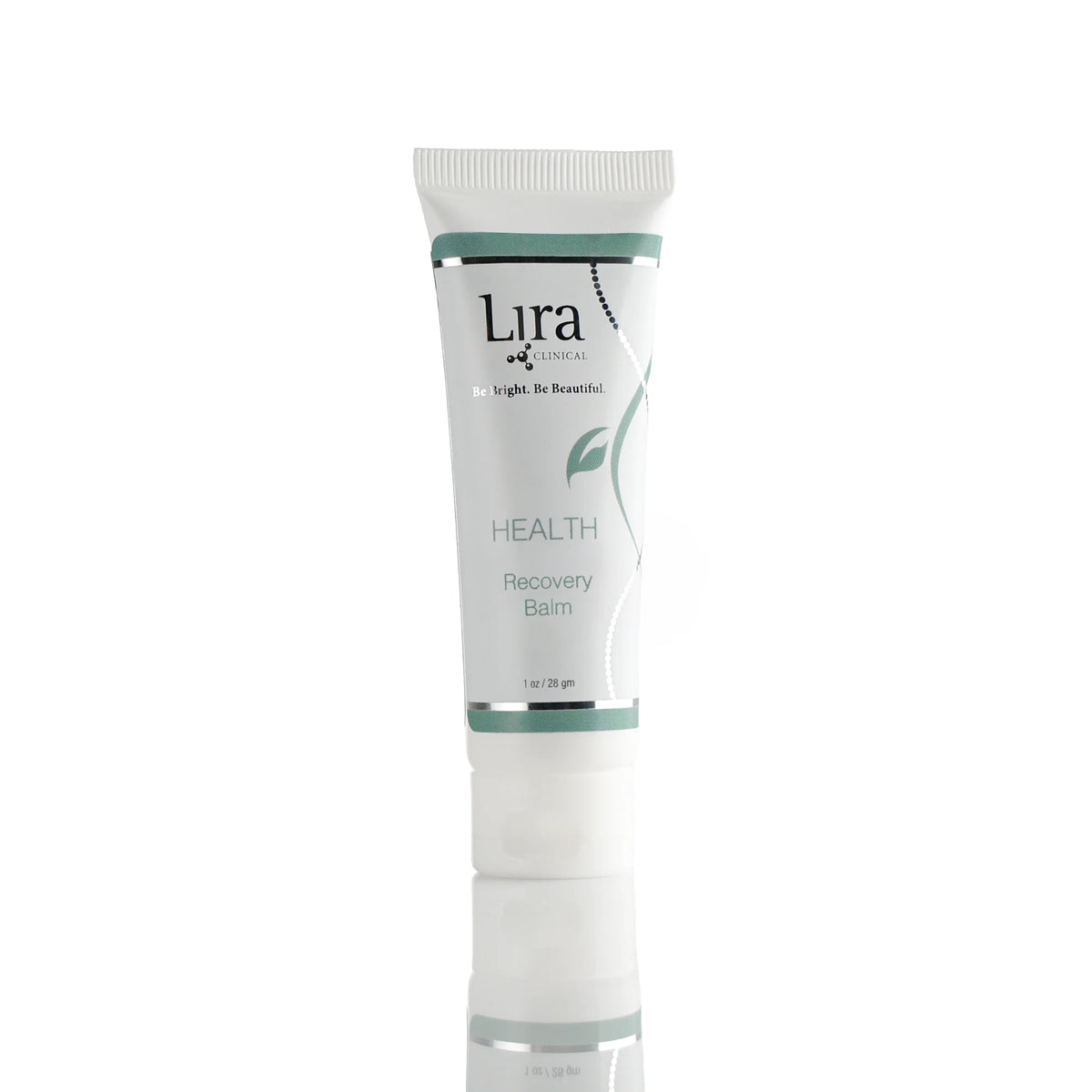 A white squeeze tube of Lira Clinical Health Recovery Balm with green accents, centered on a white background with a soft reflection below.