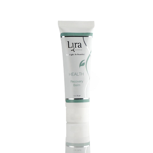 A white squeeze tube of Lira Clinical Health Recovery Balm with green accents, centered on a white background with a soft reflection below.