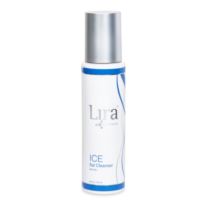 A bottle of Lira Clinical Ice Sal Cleanser with a white body, blue accents, and a metallic silver cap, shown on a plain white background.