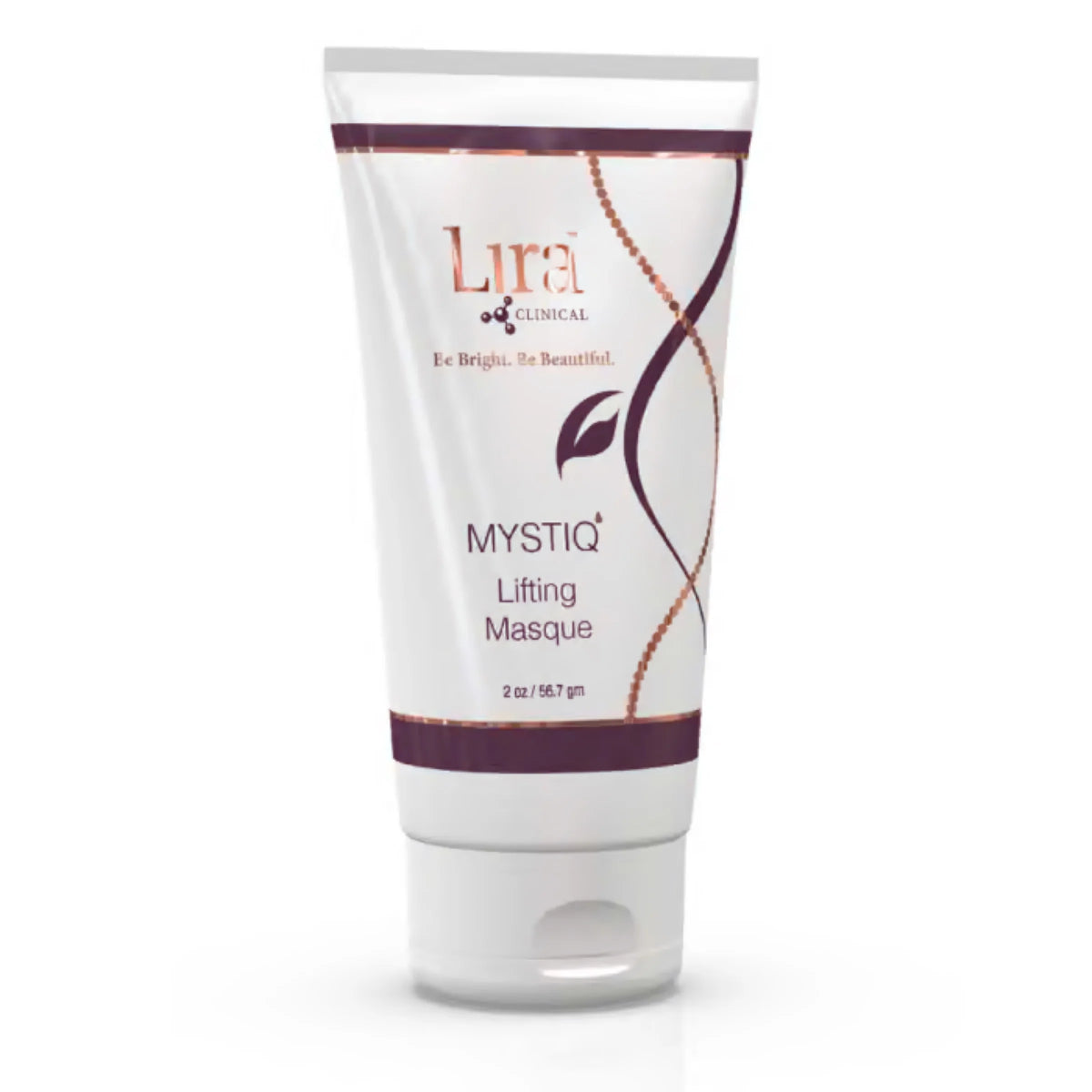 A white squeeze tube of Lira Clinical Mystiq Lifting Masque with dark purple and gold accents, set against a plain white background.