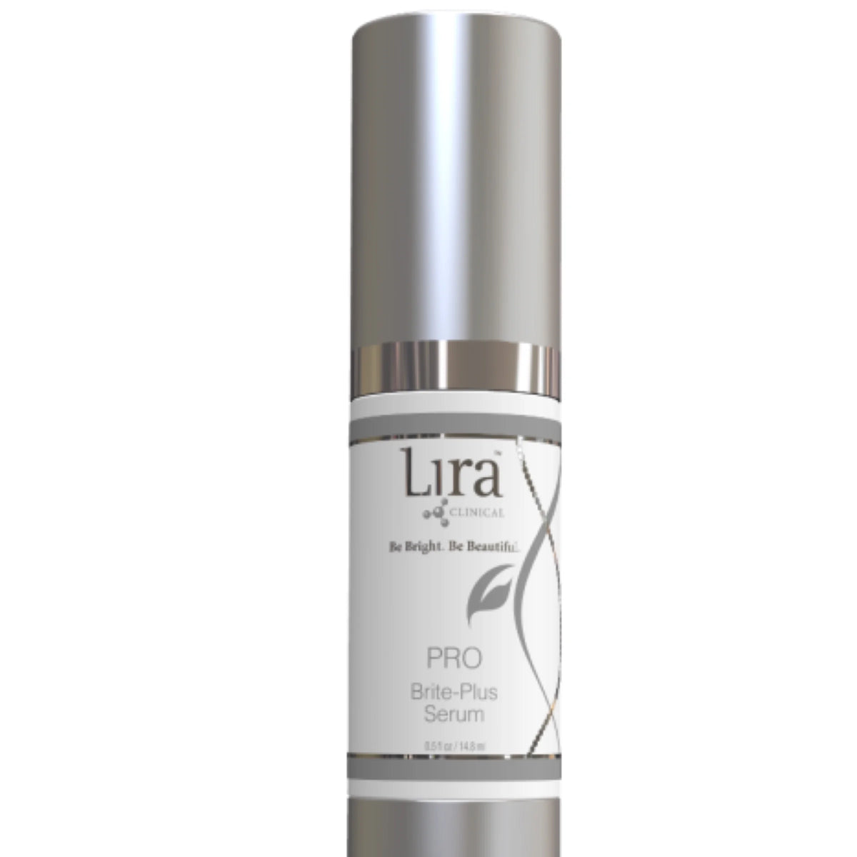 Lira Clinical PRO Brite-Plus Serum in a silver cylindrical bottle with a white label, shown against a plain white background.