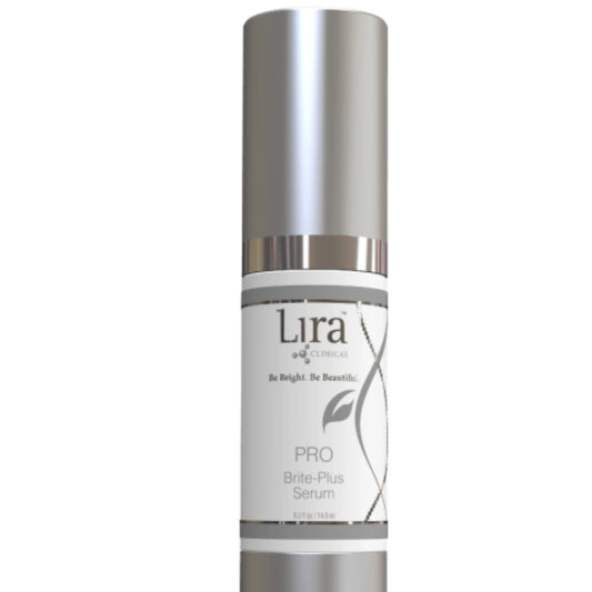 Lira Clinical PRO Brite-Plus Serum in a silver cylindrical bottle with a white label, shown against a plain white background.