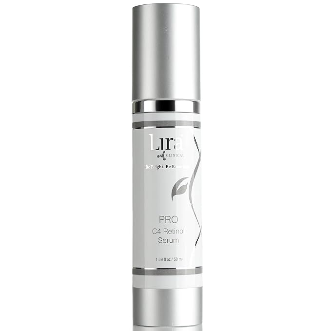 A silver and white cosmetic bottle of Lura Clinical Pro C4 Retinol Serum, shown against a plain white background.