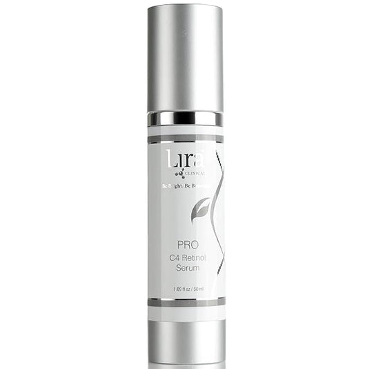 A silver and white cosmetic bottle of Lura Clinical Pro C4 Retinol Serum, shown against a plain white background.