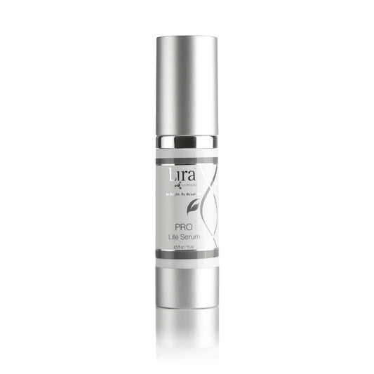 A silver cosmetic bottle of Lura of Paris Pro Lite Serum on a clean white background with a soft reflection below.