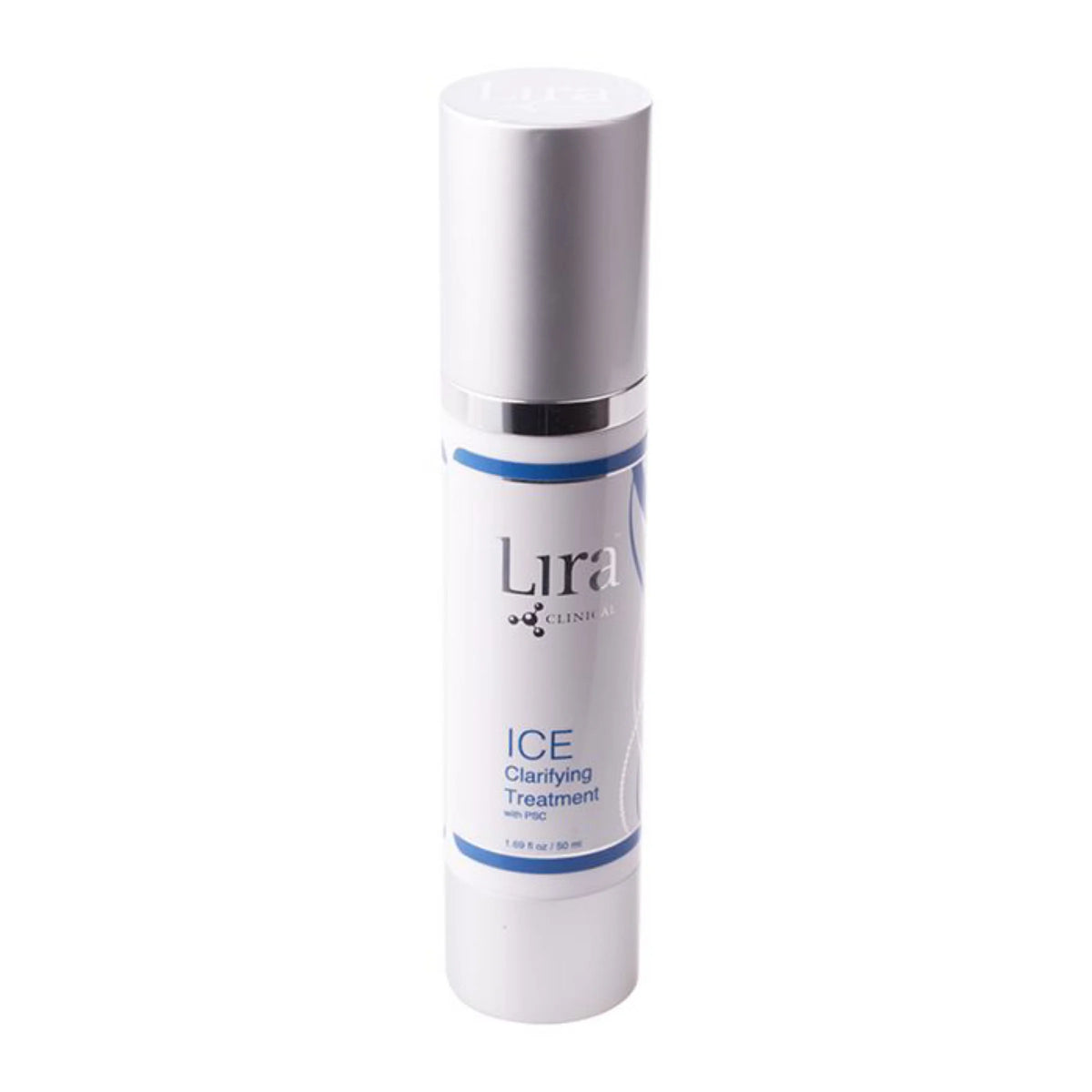 A white cosmetic bottle with a silver cap and blue accents, labeled 'Lira Skincare ICE Clarifying Treatment', on a plain white background.