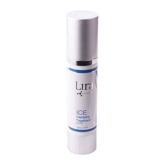 A white cosmetic bottle with a silver cap and blue accents, labeled 'Lira Skincare ICE Clarifying Treatment', on a plain white background.